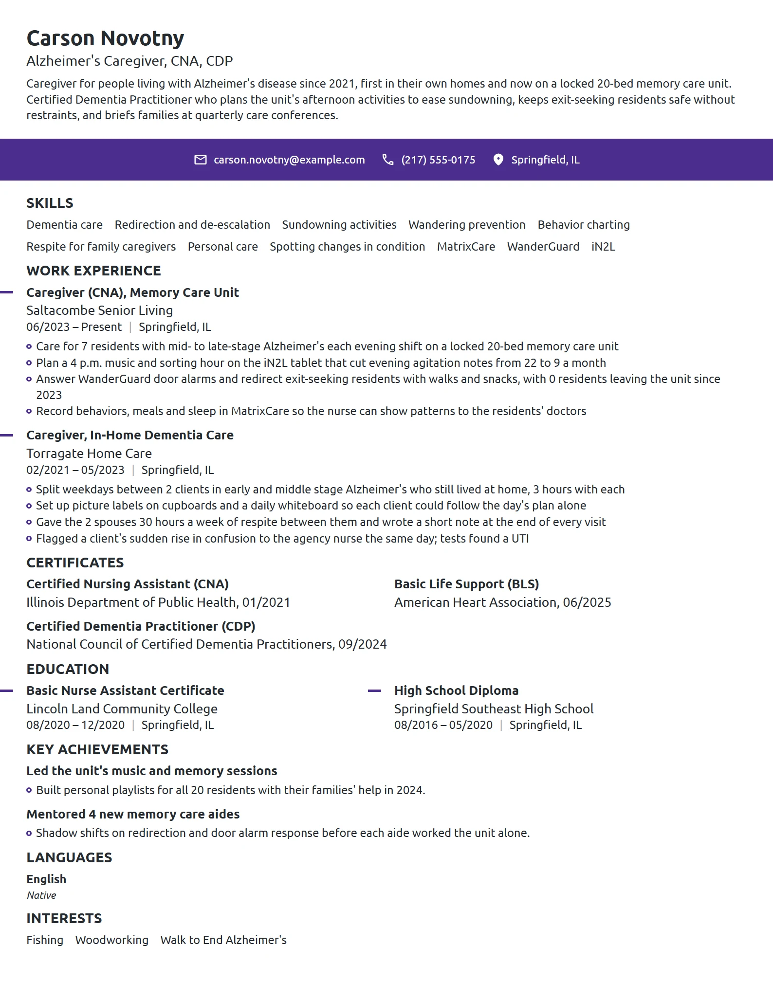Alzheimer's Caregiver resume example