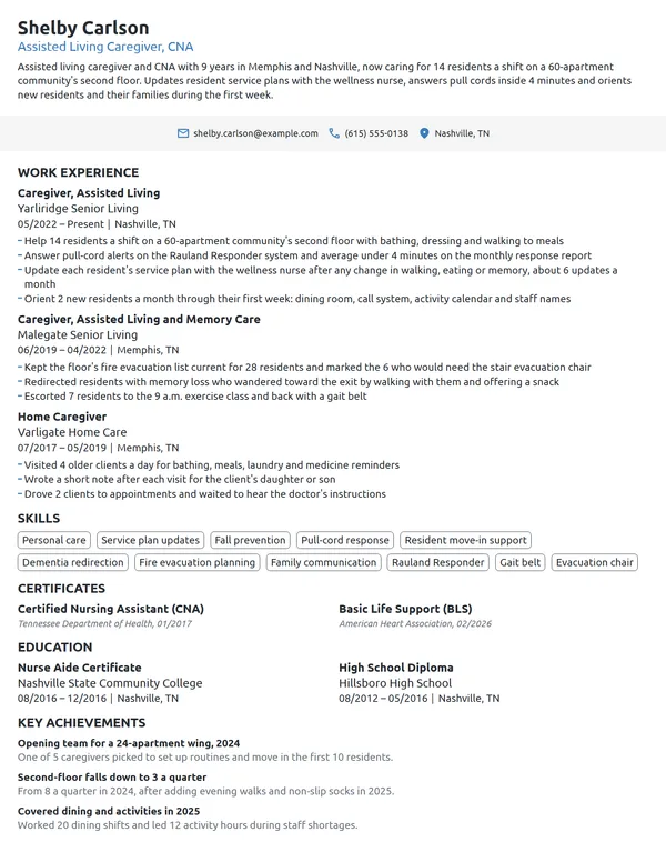 Assisted Living Caregiver resume example