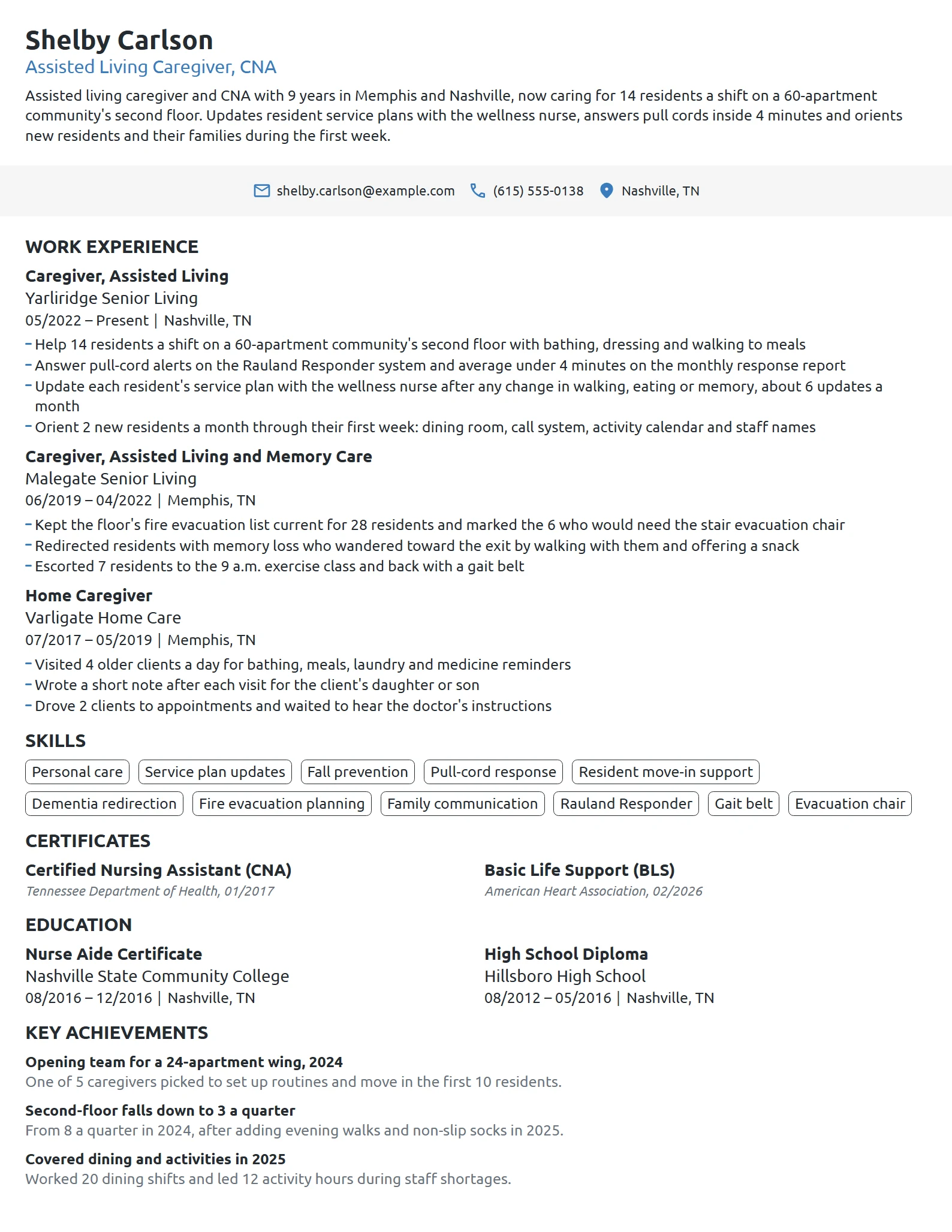Assisted Living Caregiver resume example