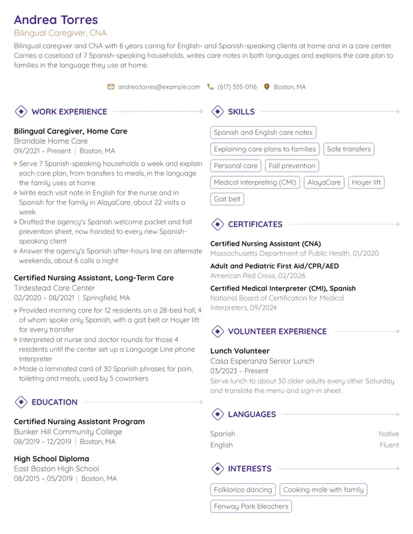 Bilingual Caregiver resume example