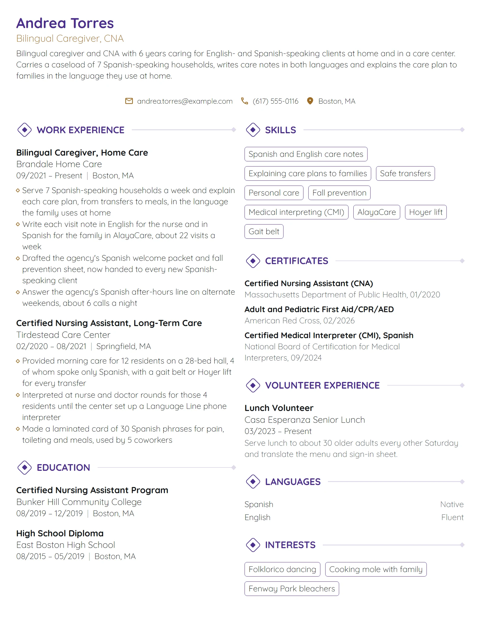 Bilingual Caregiver resume example