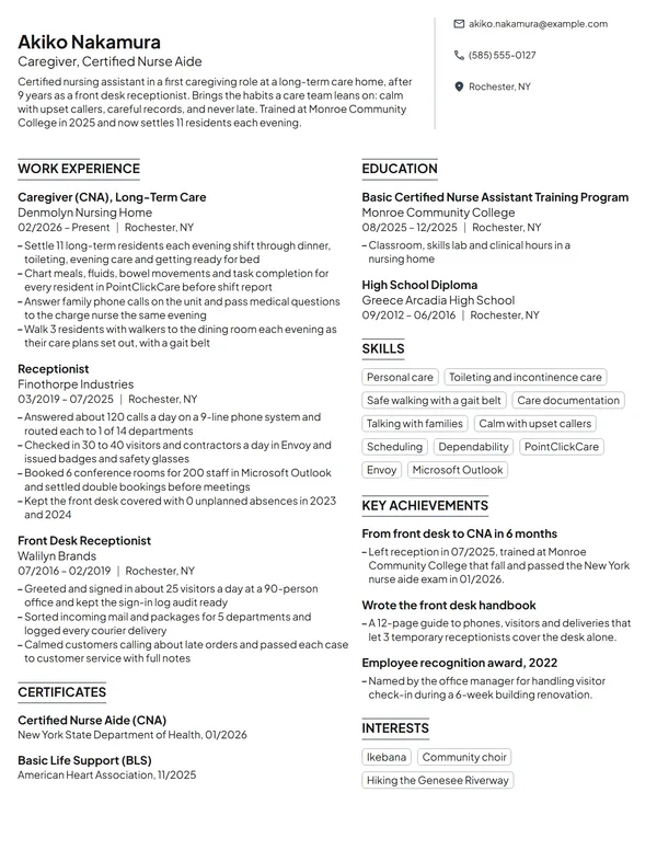 Career Change Caregiver resume example
