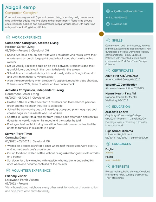 Companion Caregiver resume example