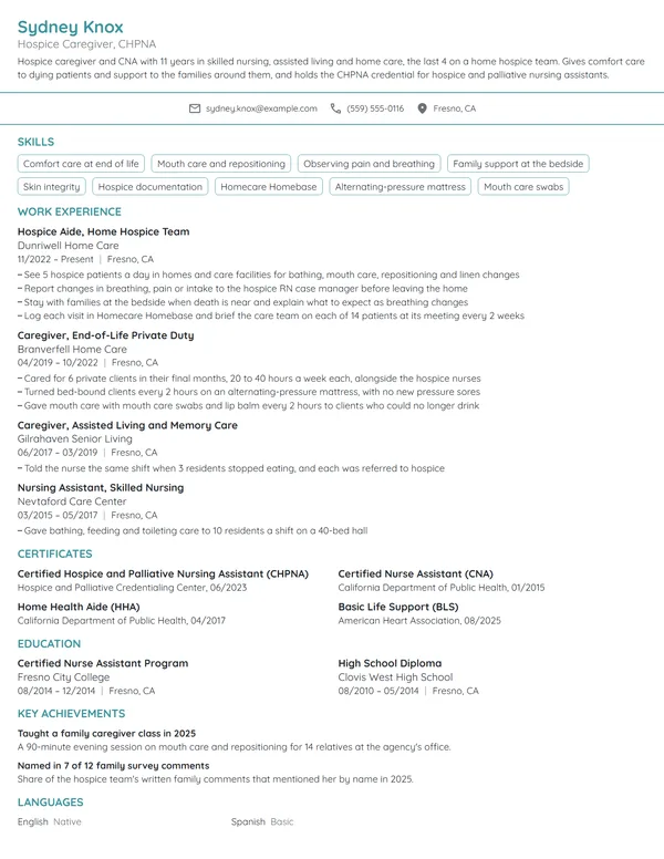 Hospice Caregiver resume example