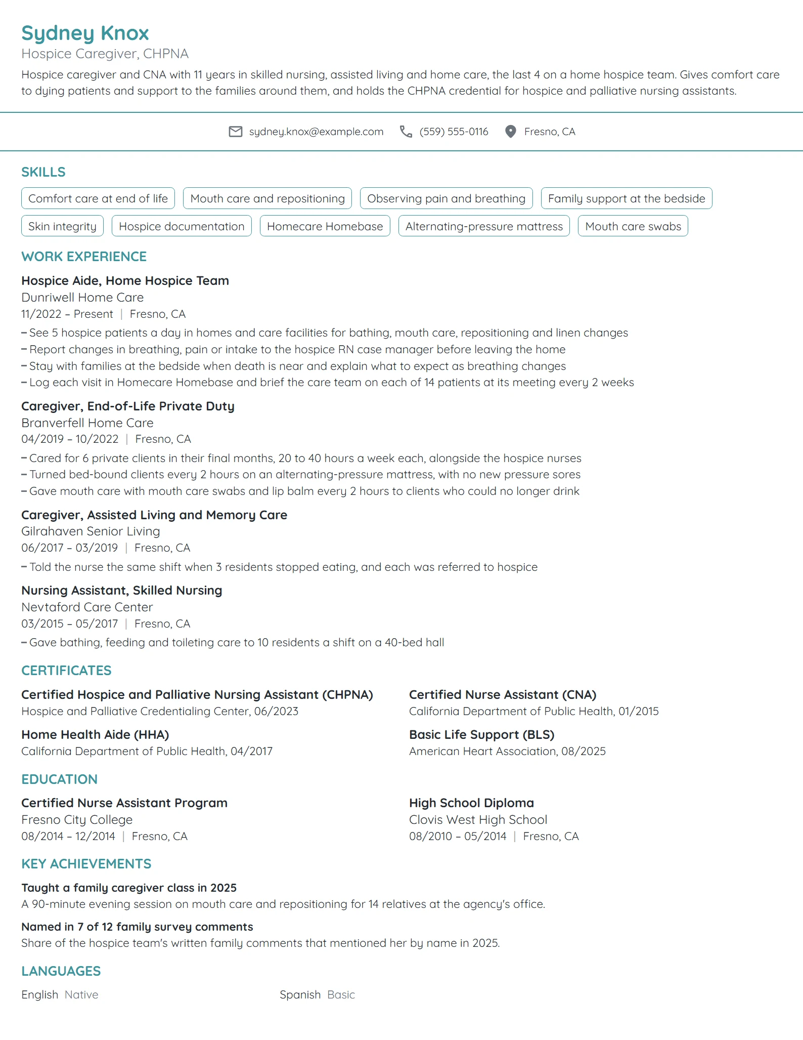 Hospice Caregiver resume example
