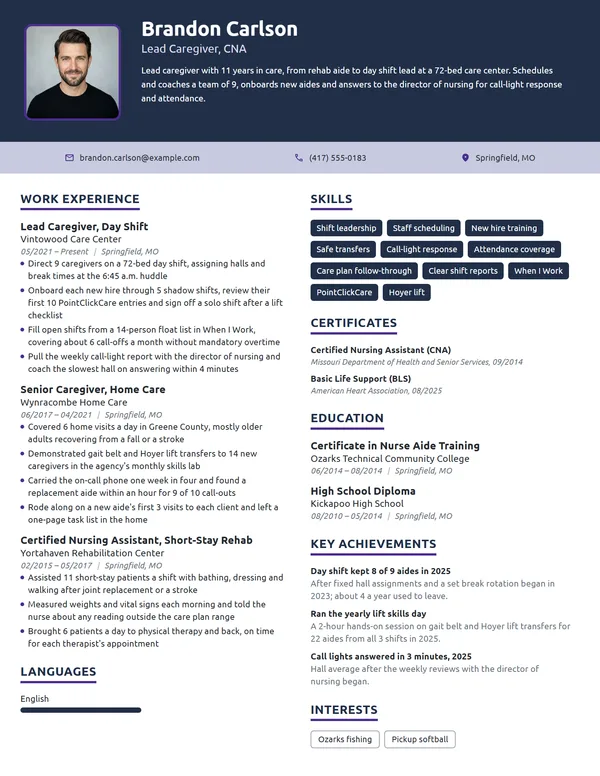 Lead Caregiver resume example