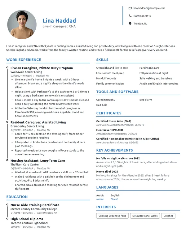 Live-In Caregiver resume example