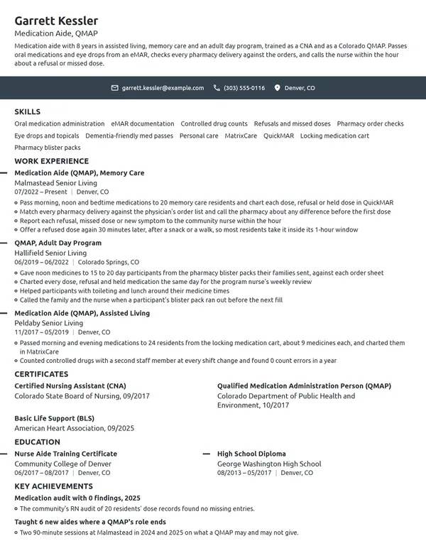 Medication Aide resume example