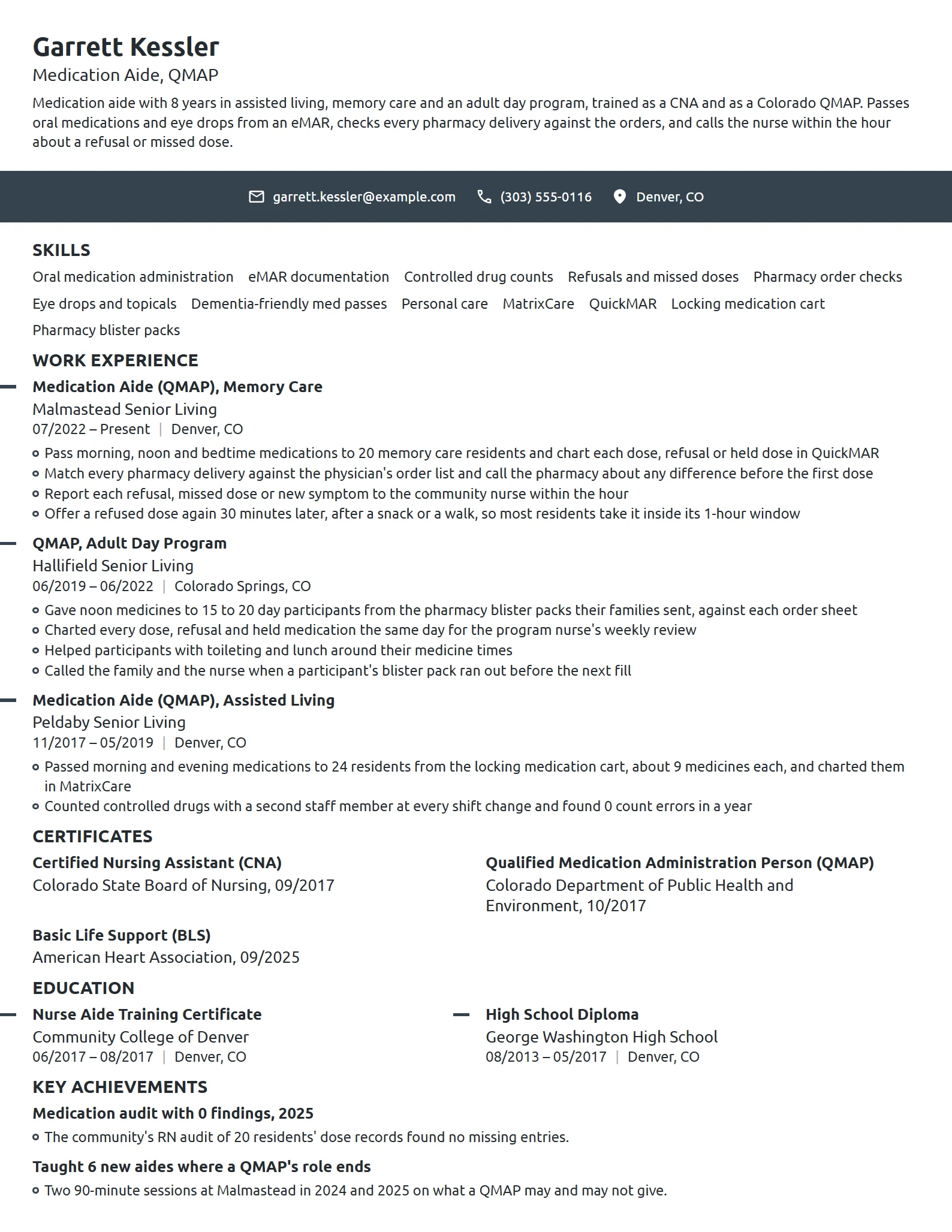 Medication Aide resume example