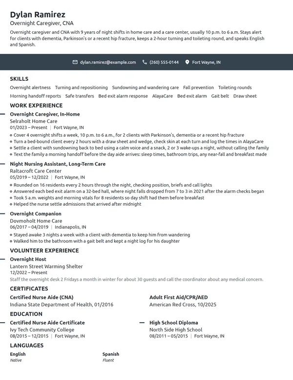 Overnight Caregiver resume example