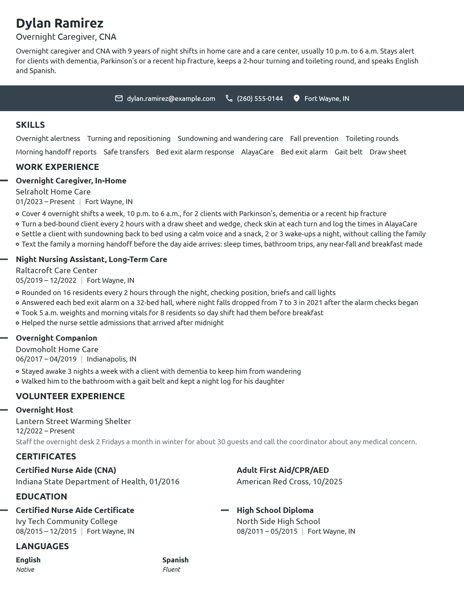 Overnight Caregiver resume example