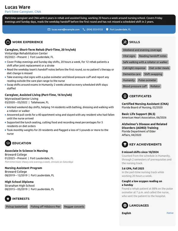 Part-Time Caregiver resume example
