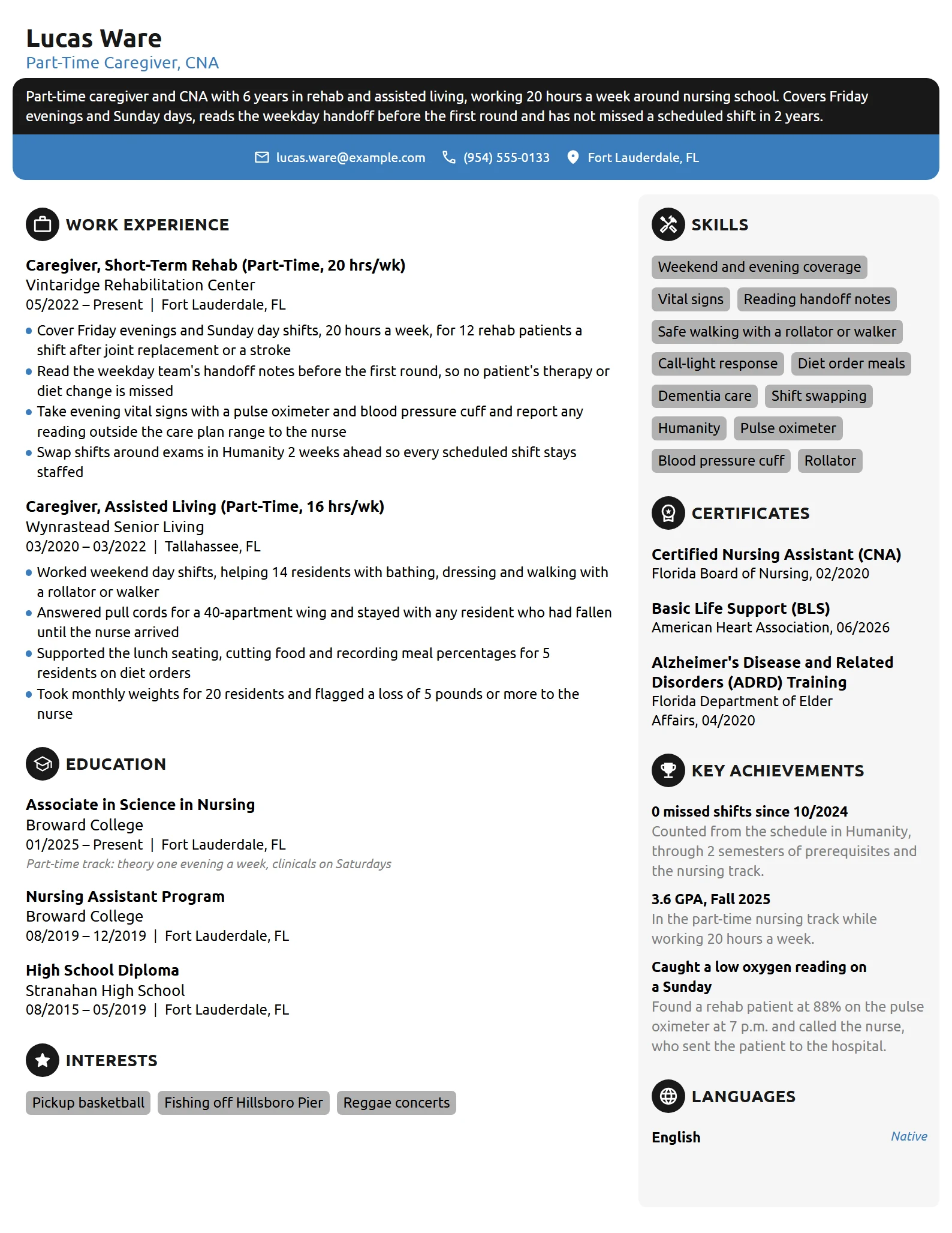 Part-Time Caregiver resume example