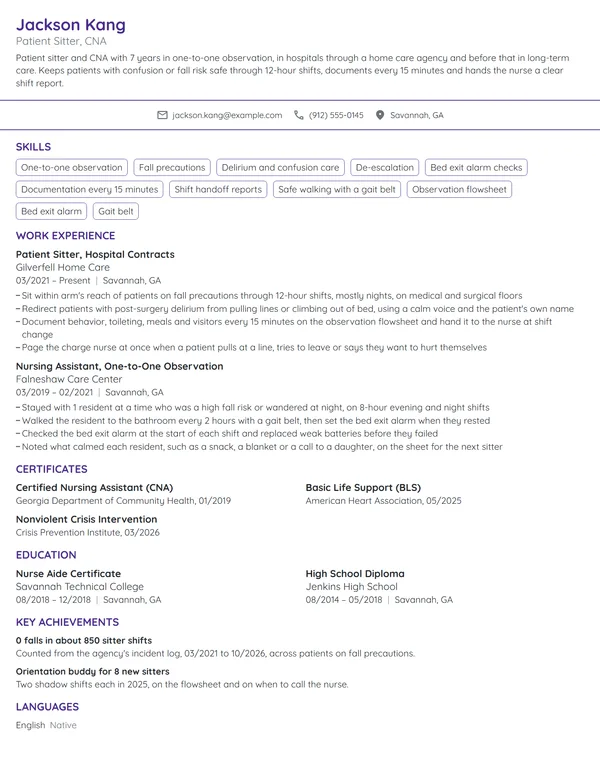 Patient Sitter resume example