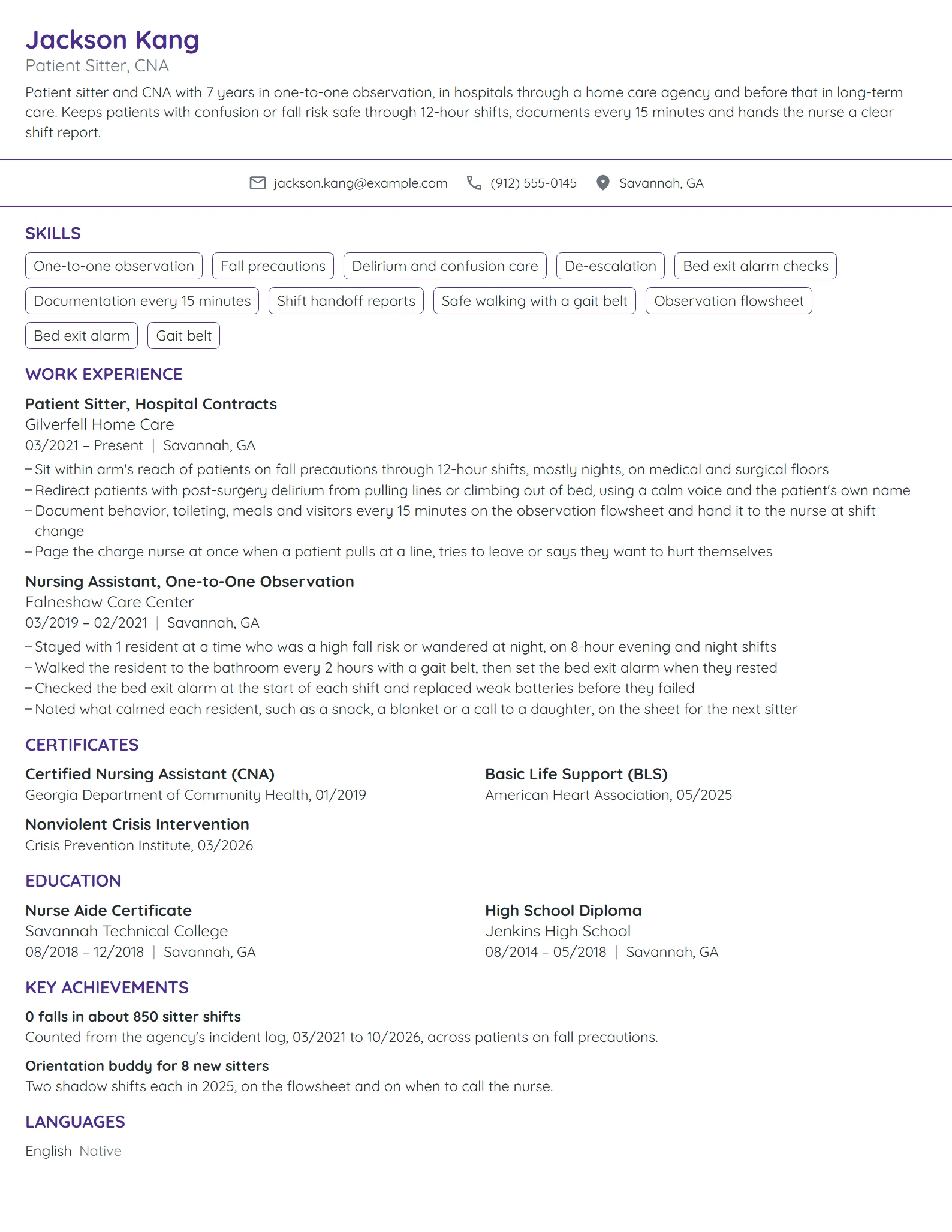 Patient Sitter resume example