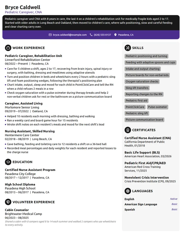 Pediatric Caregiver resume example
