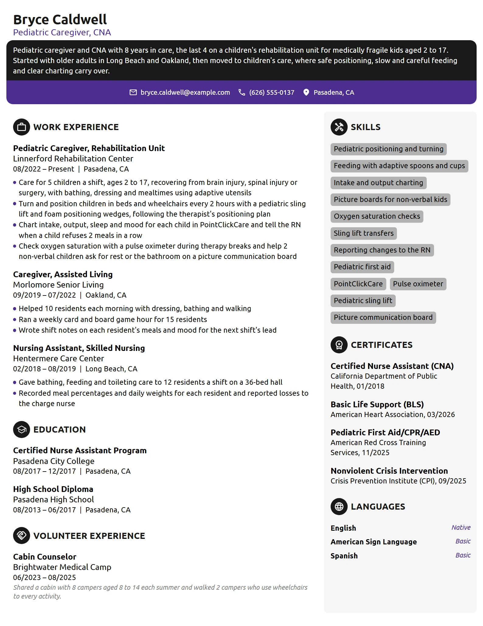 Pediatric Caregiver resume example
