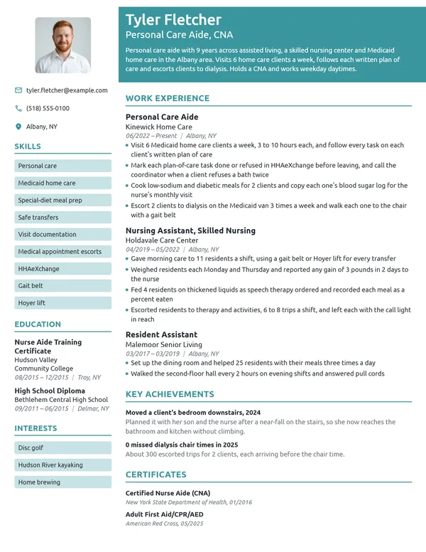 Personal Care Aide resume example