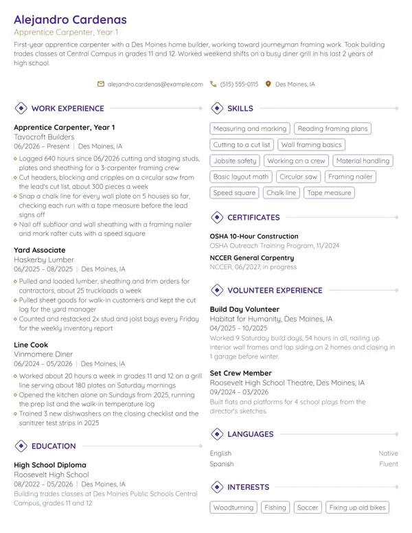 Apprentice Carpenter resume example