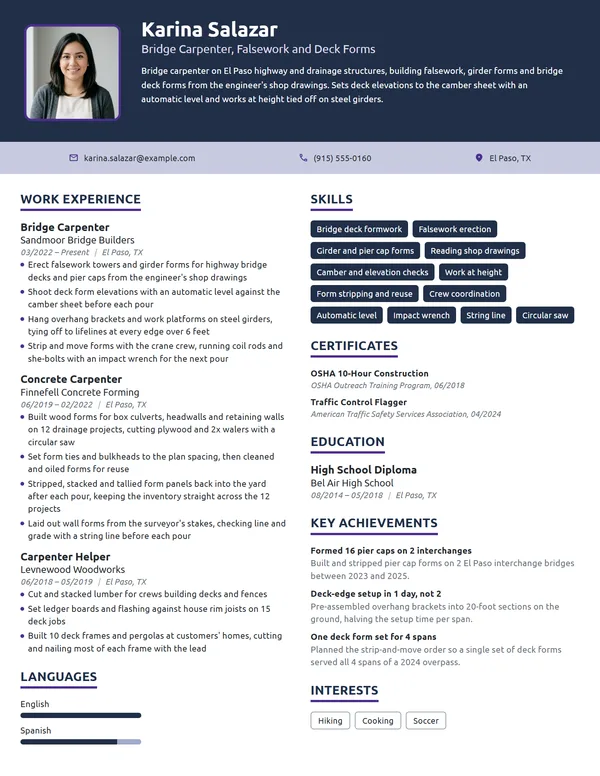 Bridge Carpenter resume example