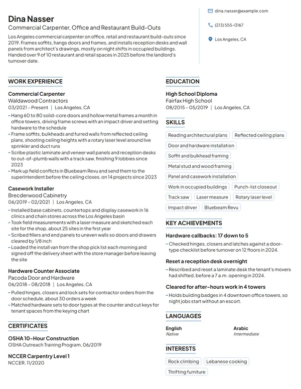 Commercial Carpenter resume example