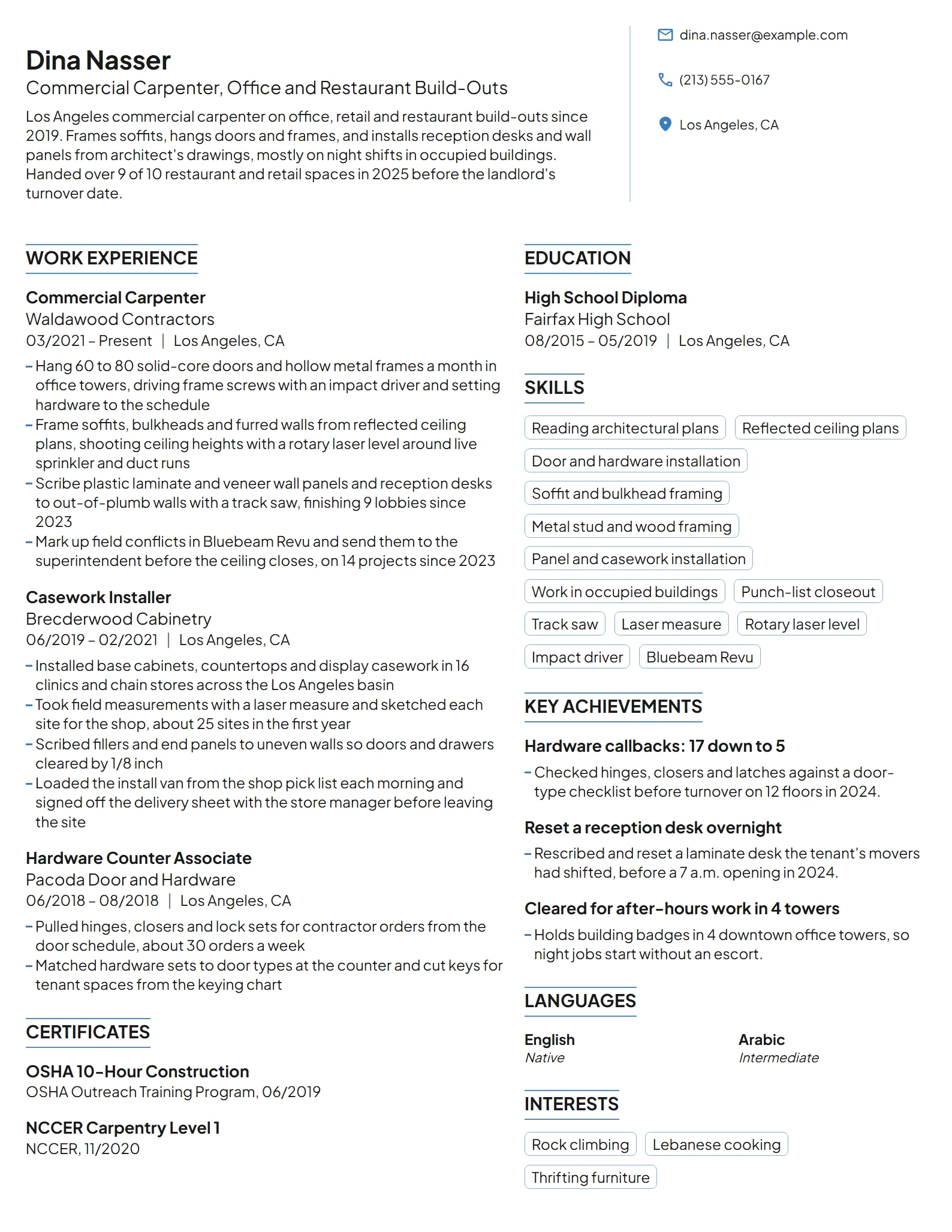 Commercial Carpenter resume example