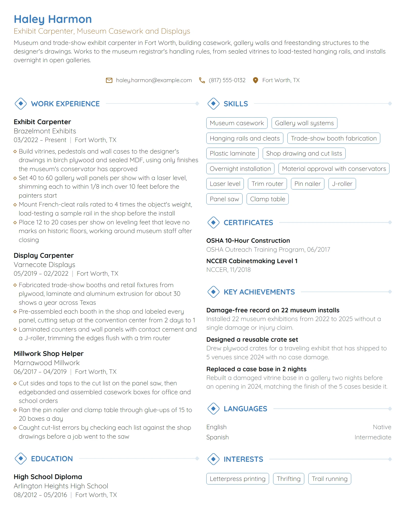 Exhibit Carpenter resume example