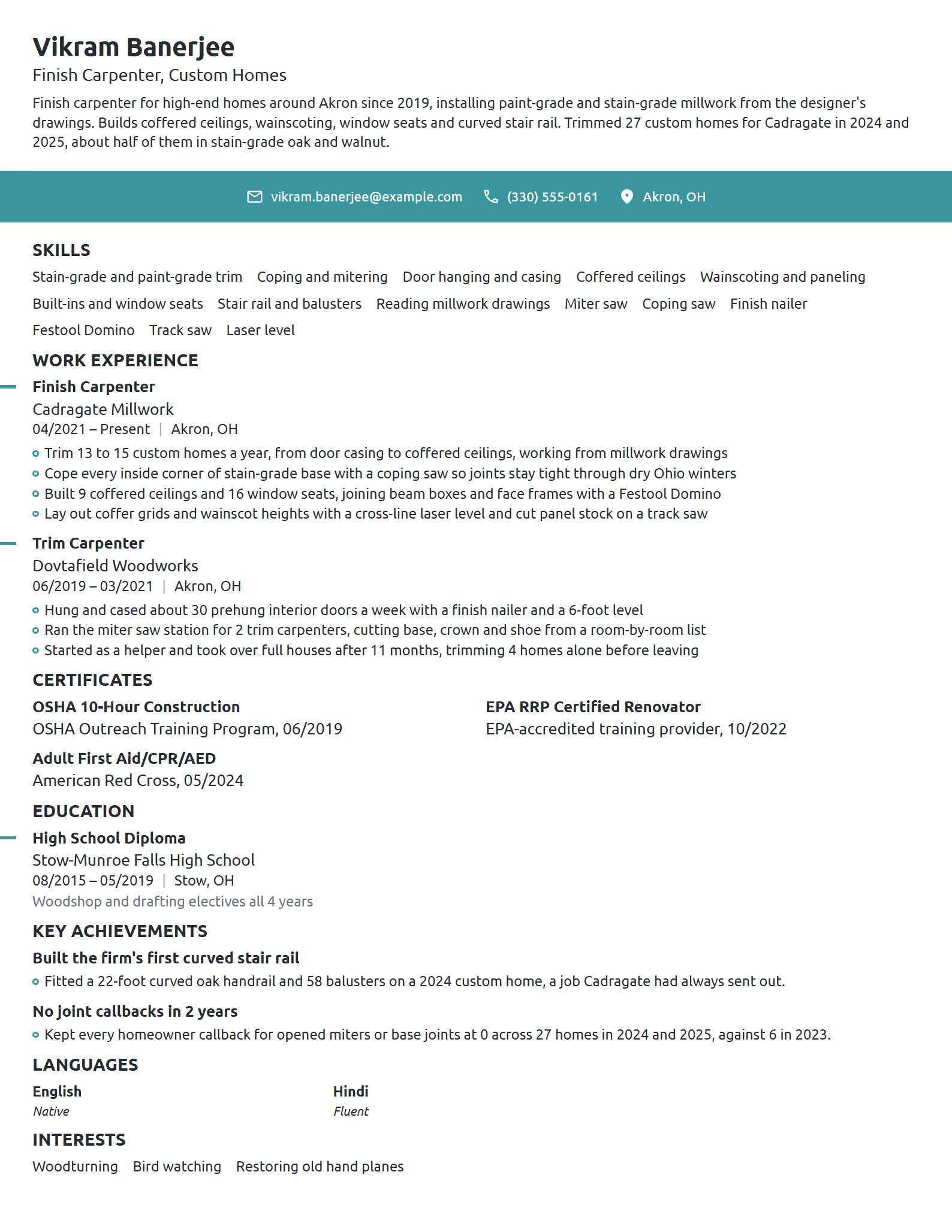 Finish Carpenter resume example