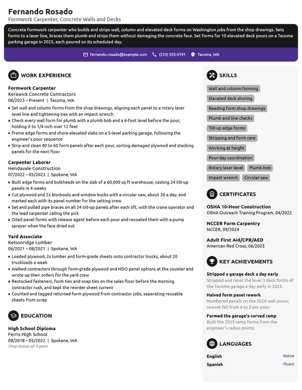 Formwork Carpenter resume example