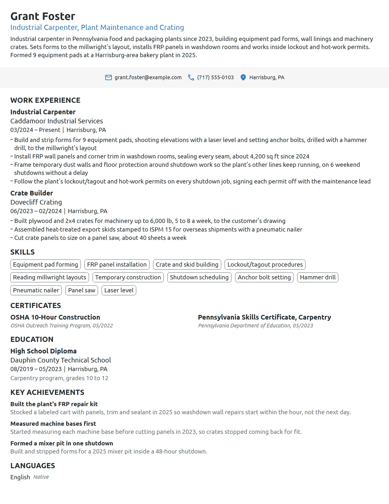 Industrial Carpenter resume example