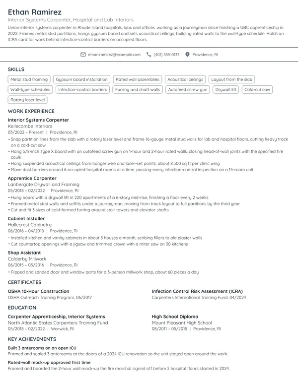 Interior Systems Carpenter resume example