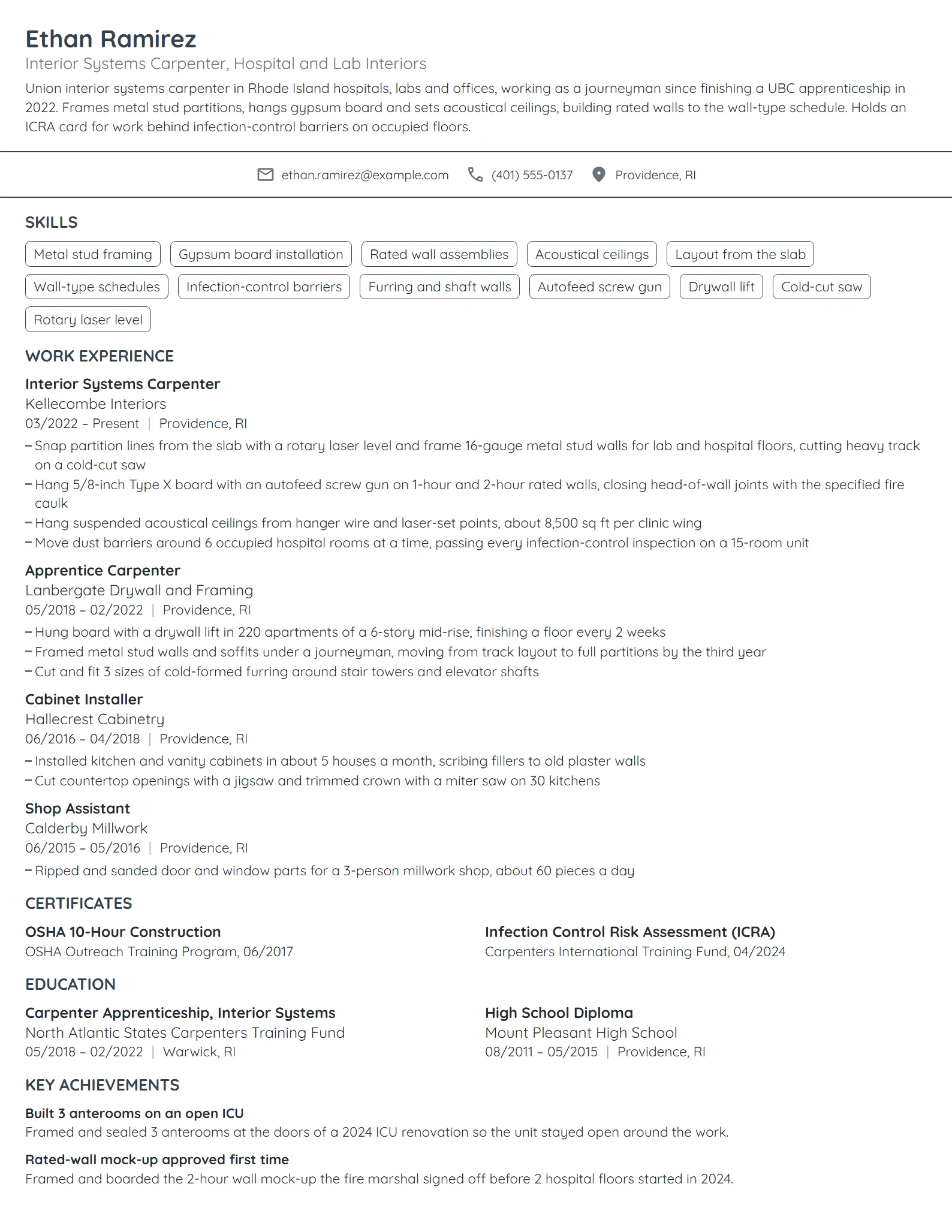 Interior Systems Carpenter resume example