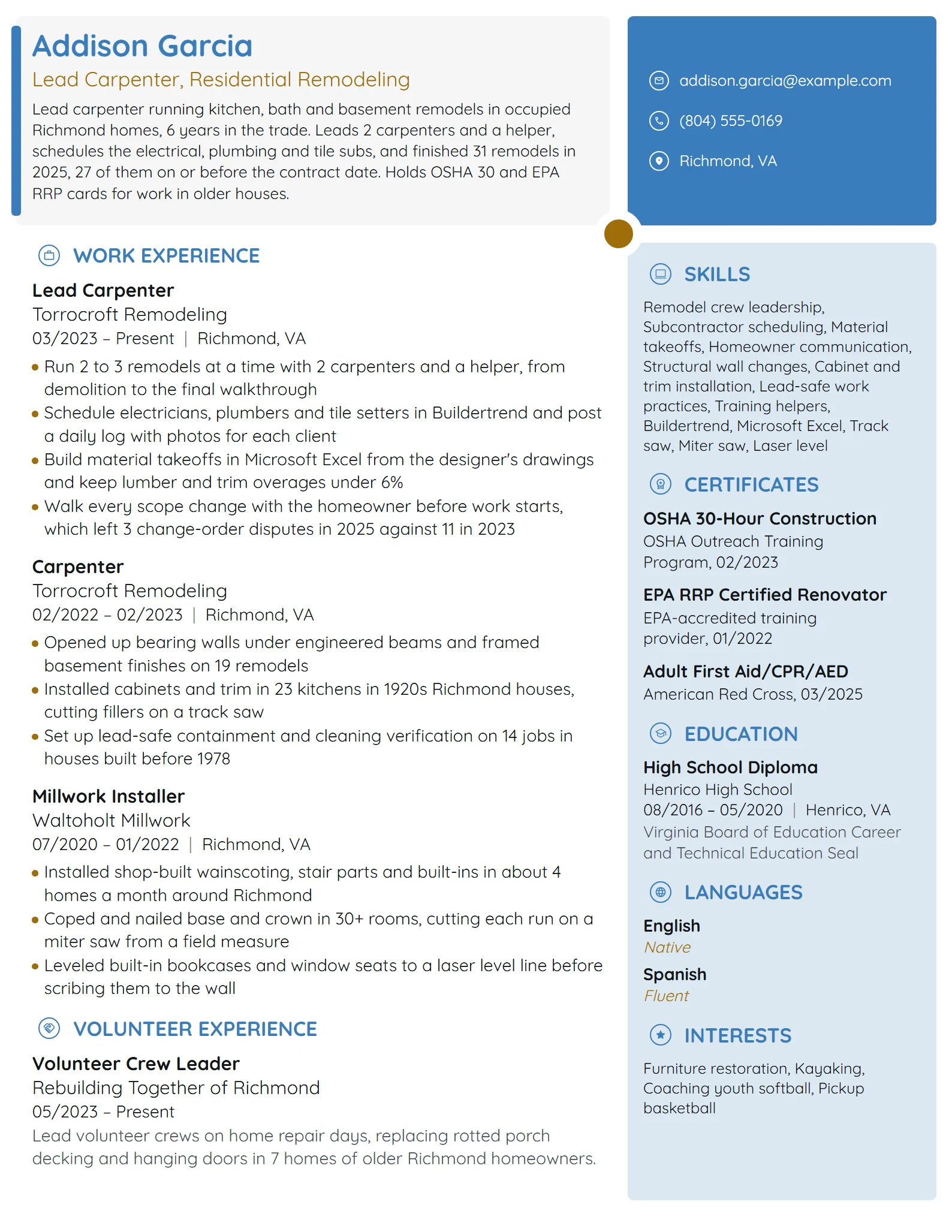 Lead Carpenter resume example