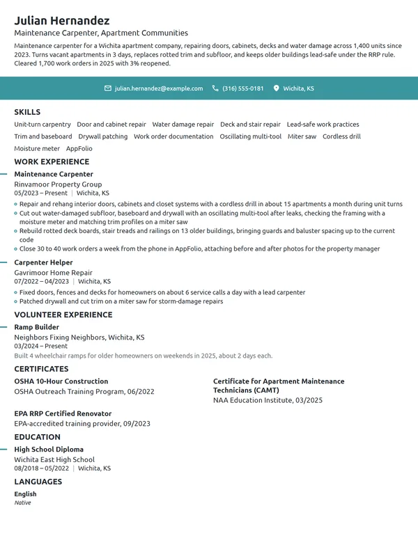 Maintenance Carpenter resume example