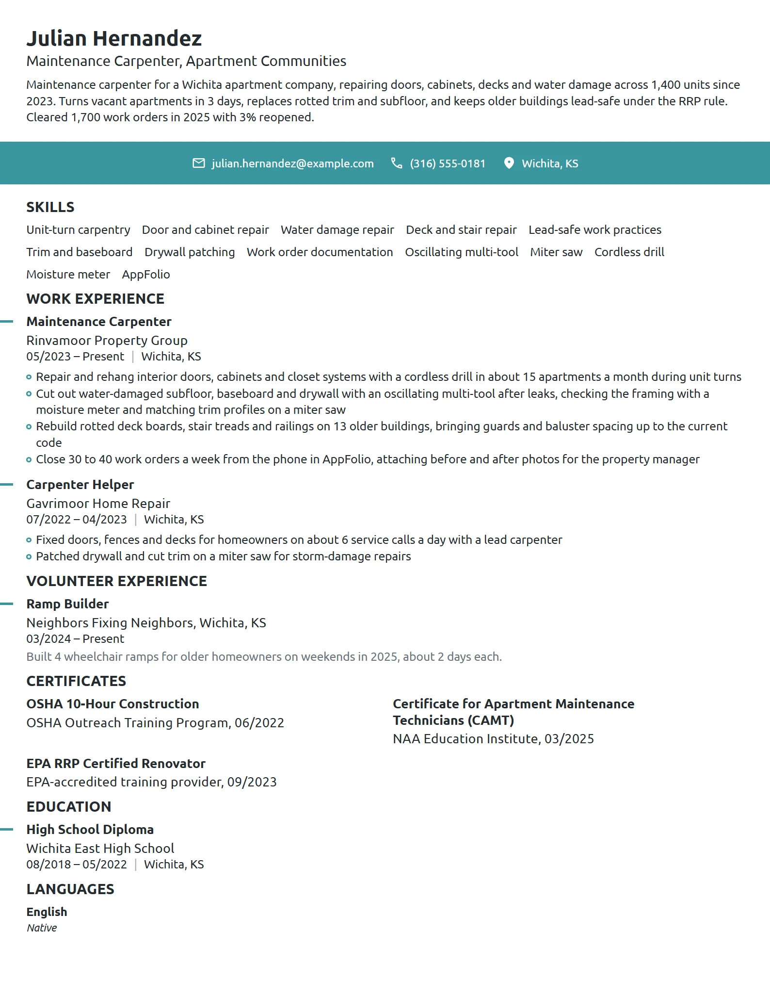 Maintenance Carpenter resume example