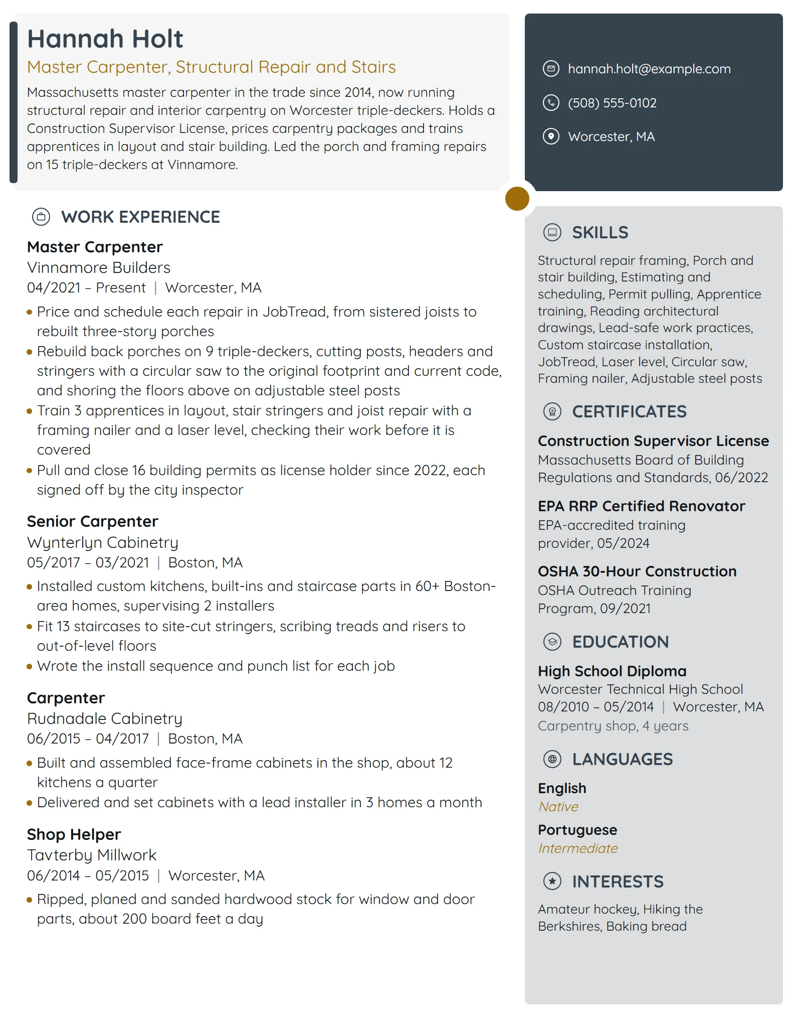 Master Carpenter resume example