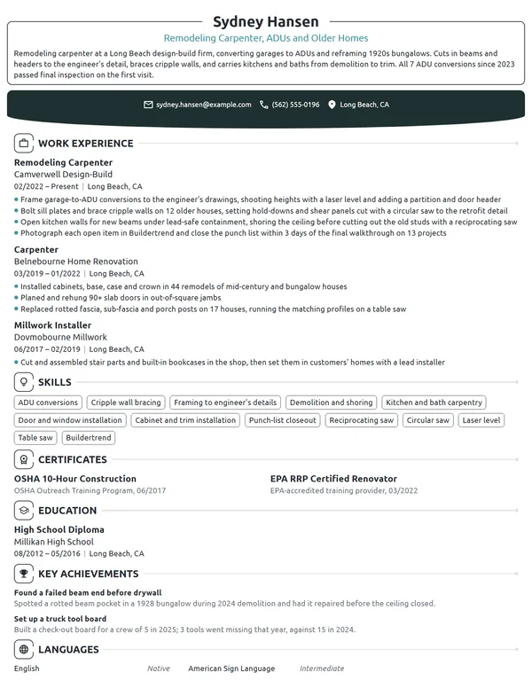 Remodeling Carpenter resume example