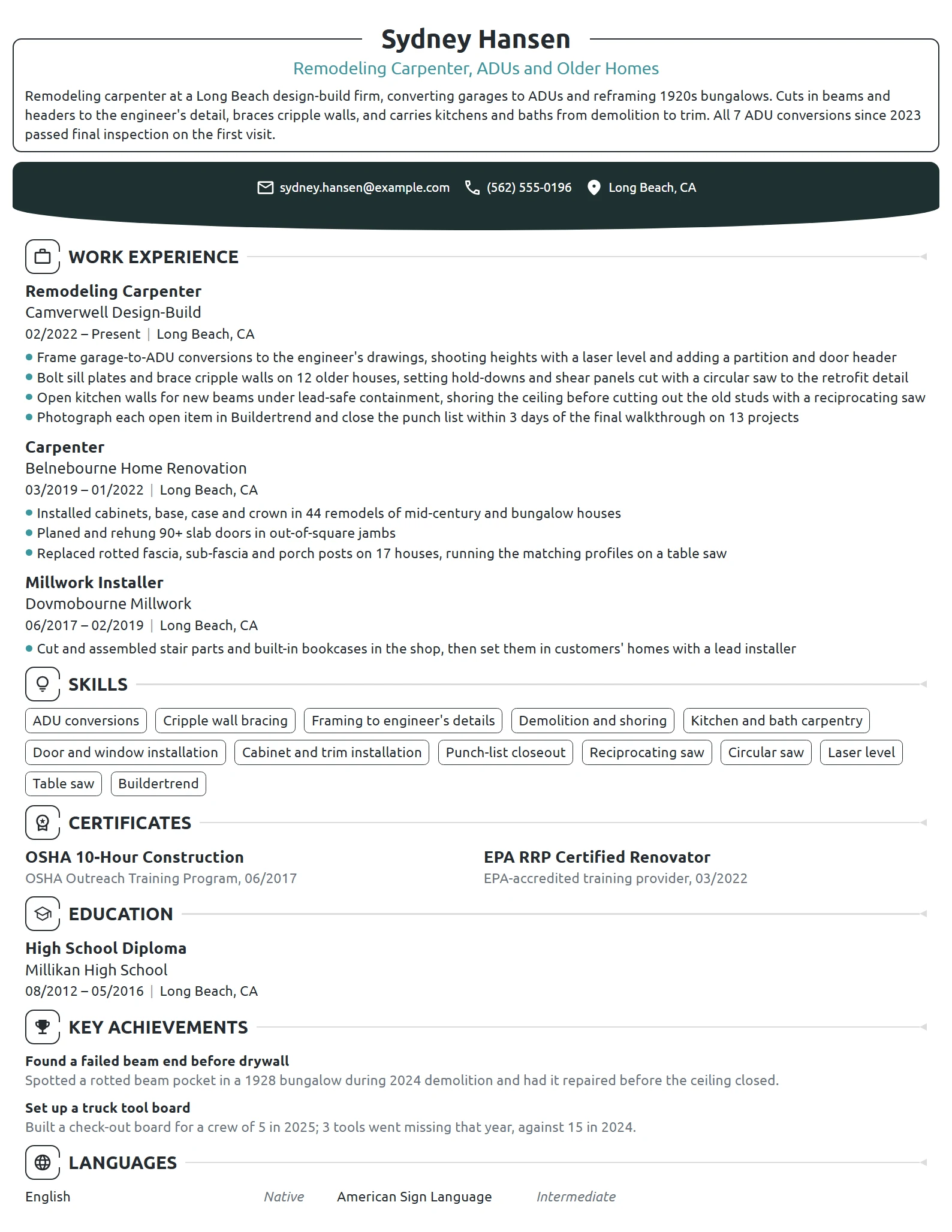 Remodeling Carpenter resume example