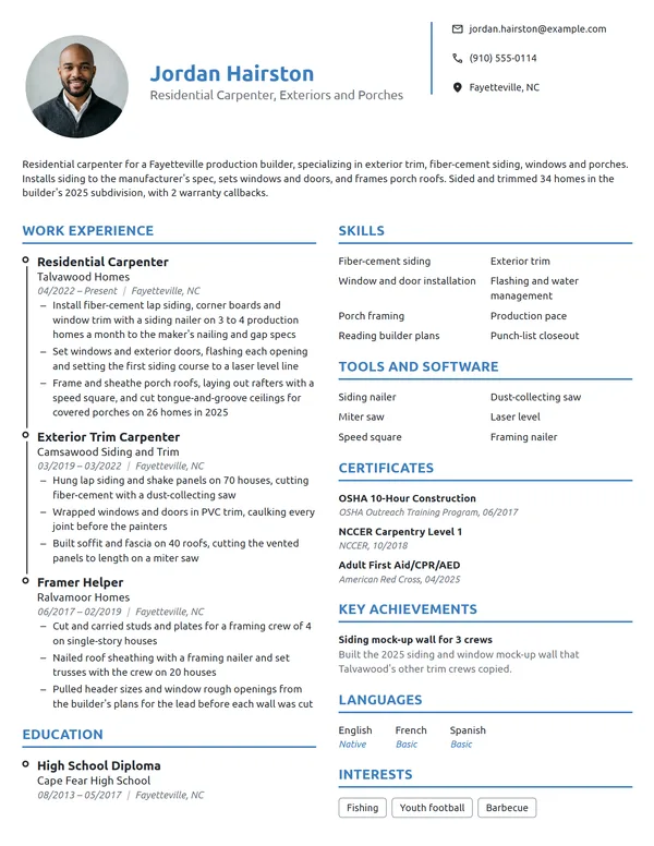 Residential Carpenter resume example