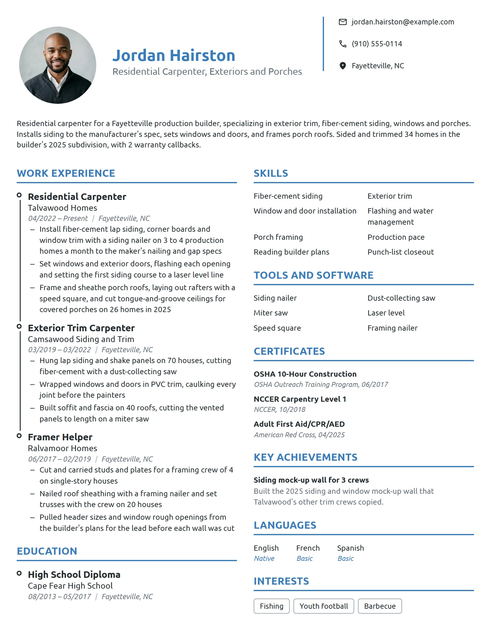 Residential Carpenter resume example