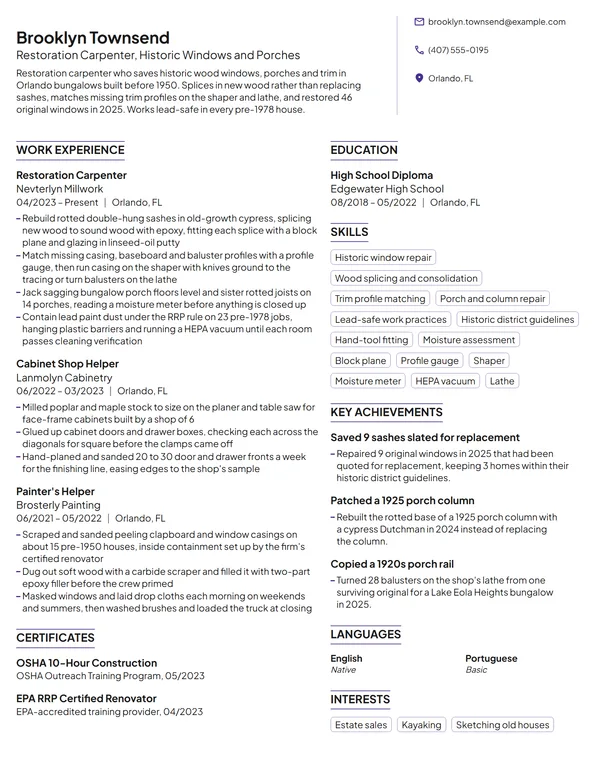 Restoration Carpenter resume example