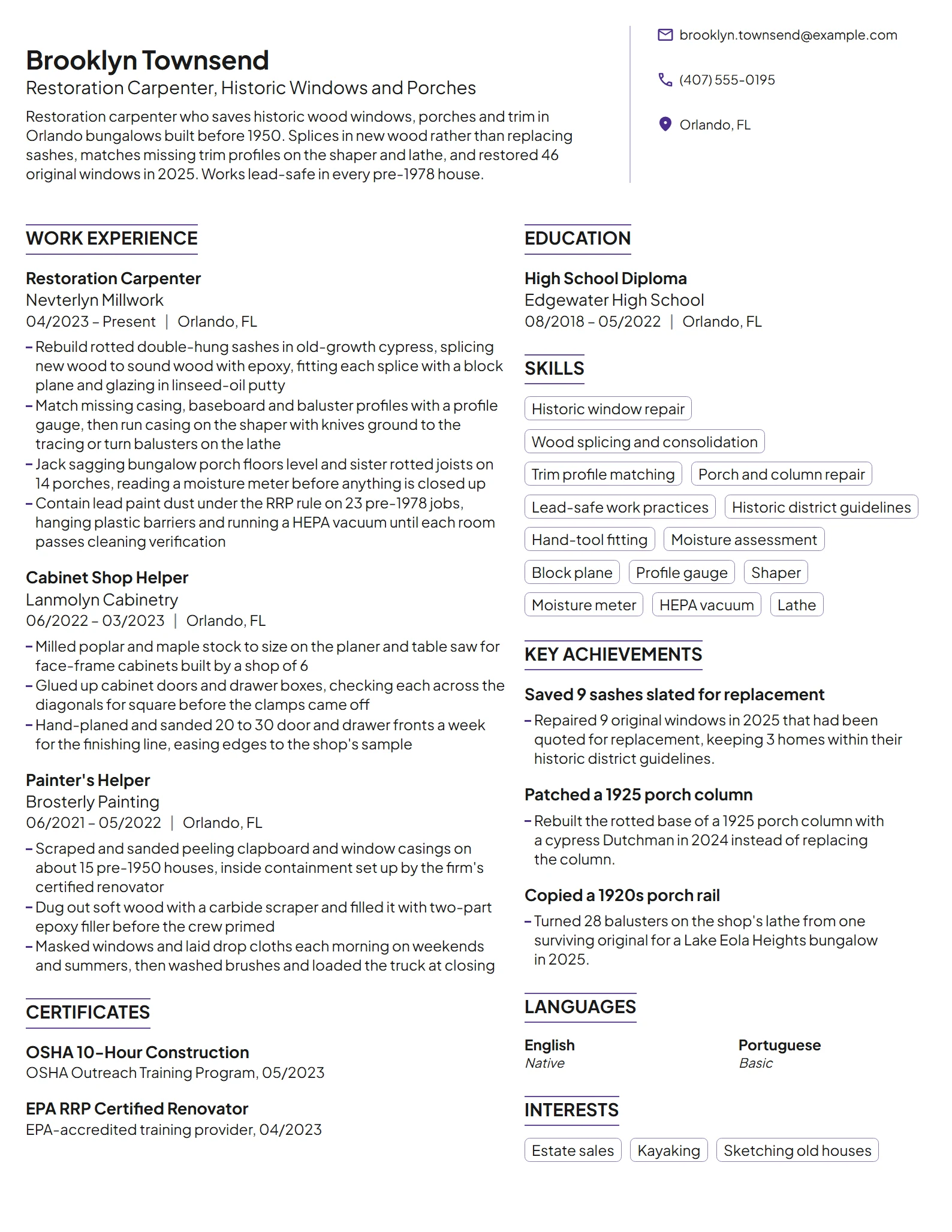 Restoration Carpenter resume example
