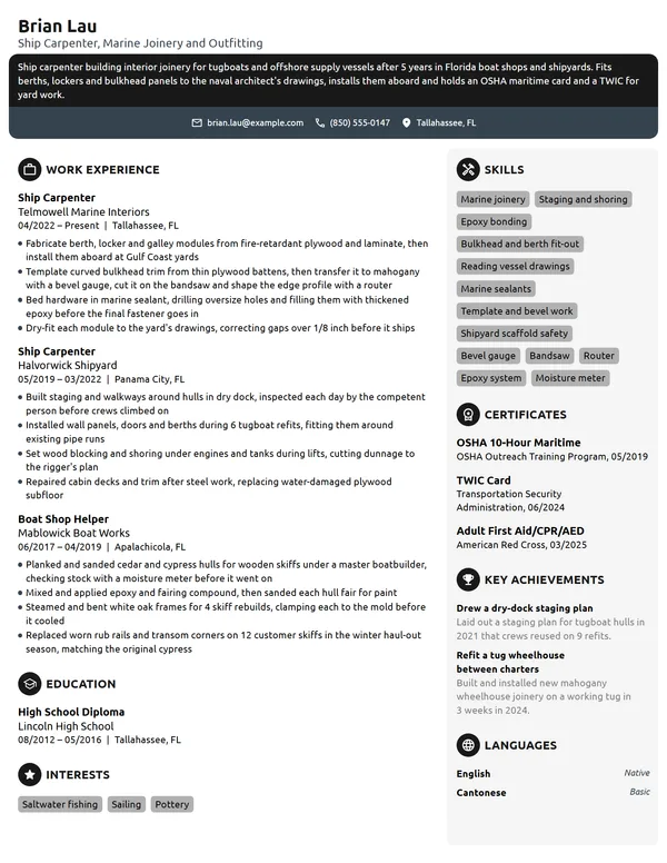 Ship Carpenter resume example