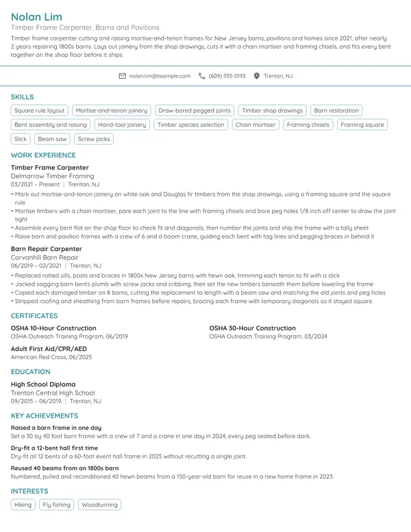 Timber Frame Carpenter resume example