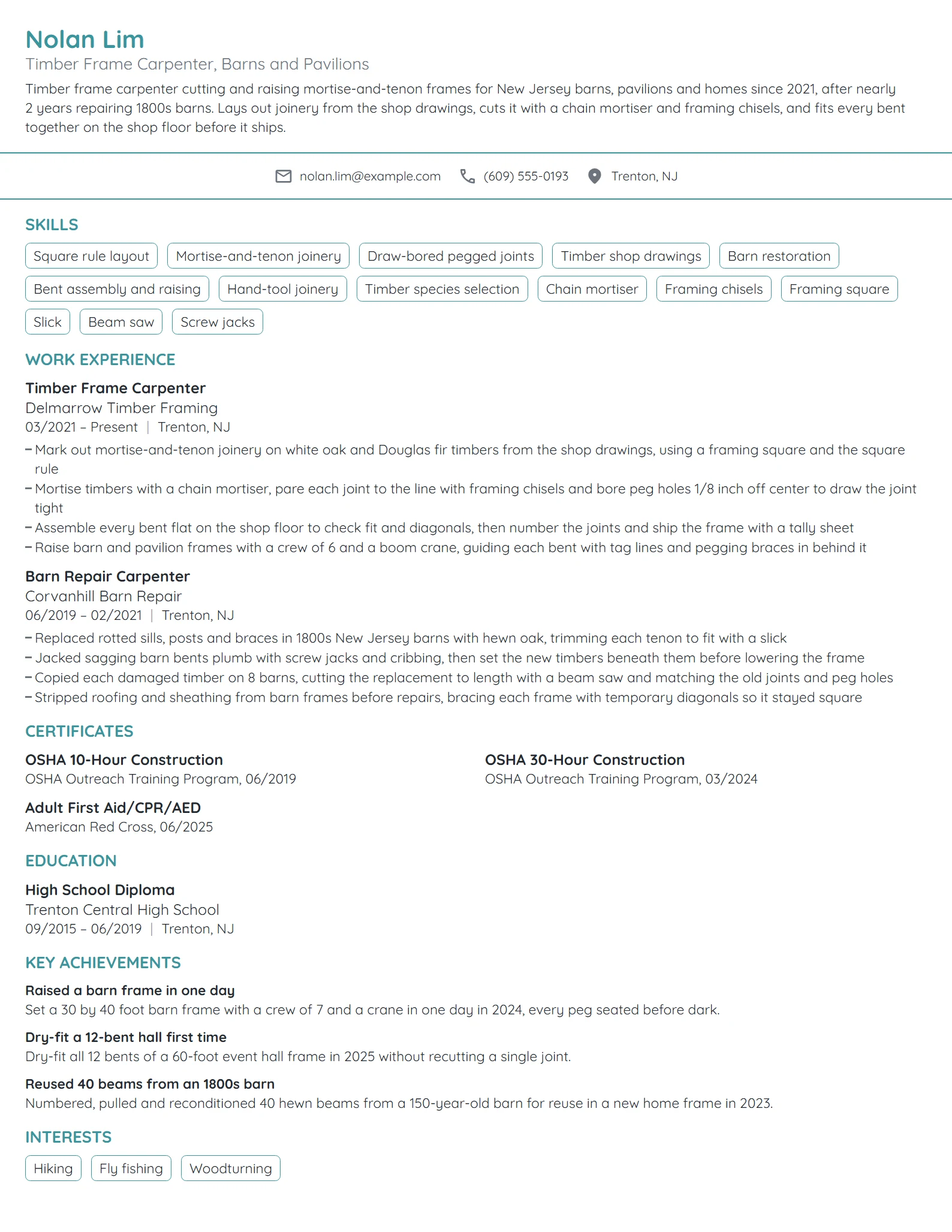 Timber Frame Carpenter resume example