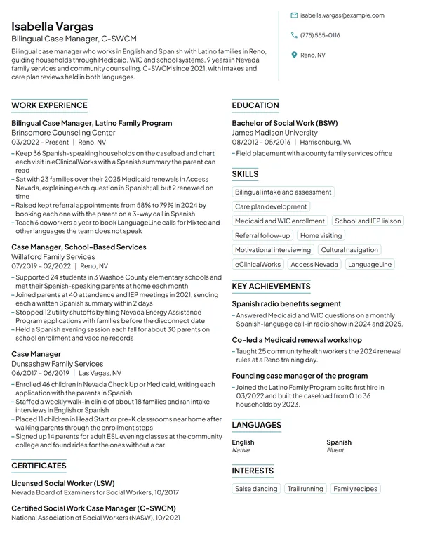 Bilingual Case Manager resume example