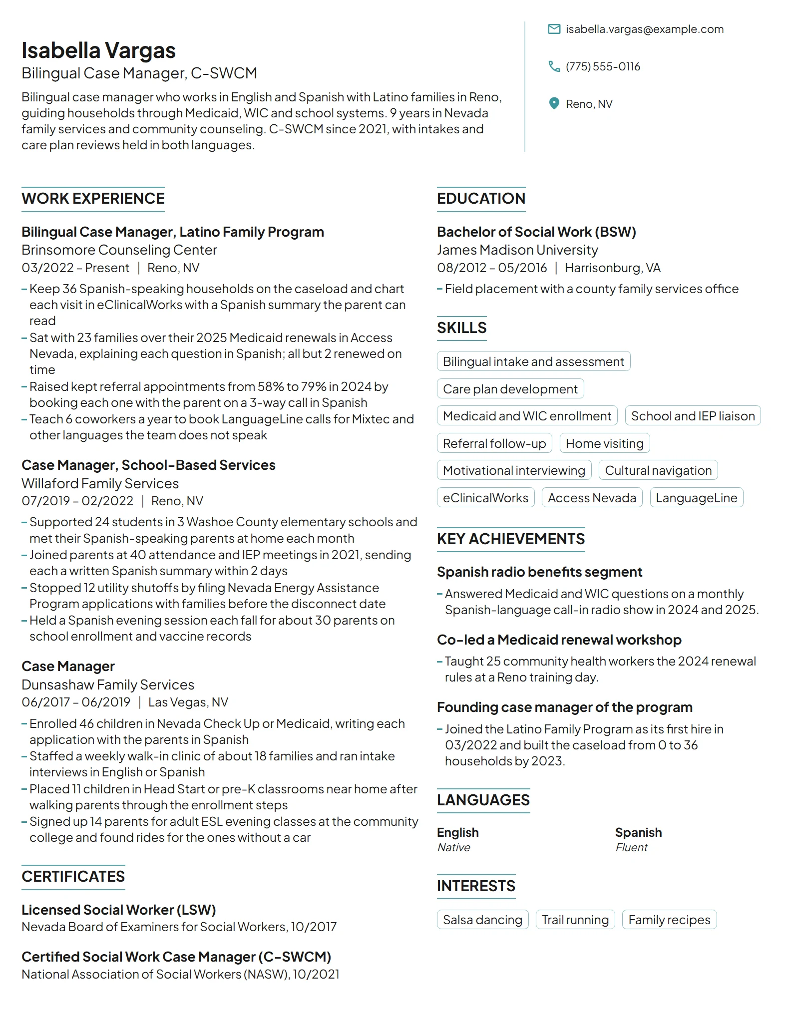Bilingual Case Manager resume example