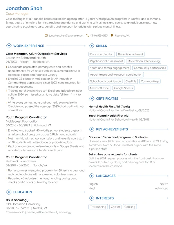 Career Change Case Manager resume example