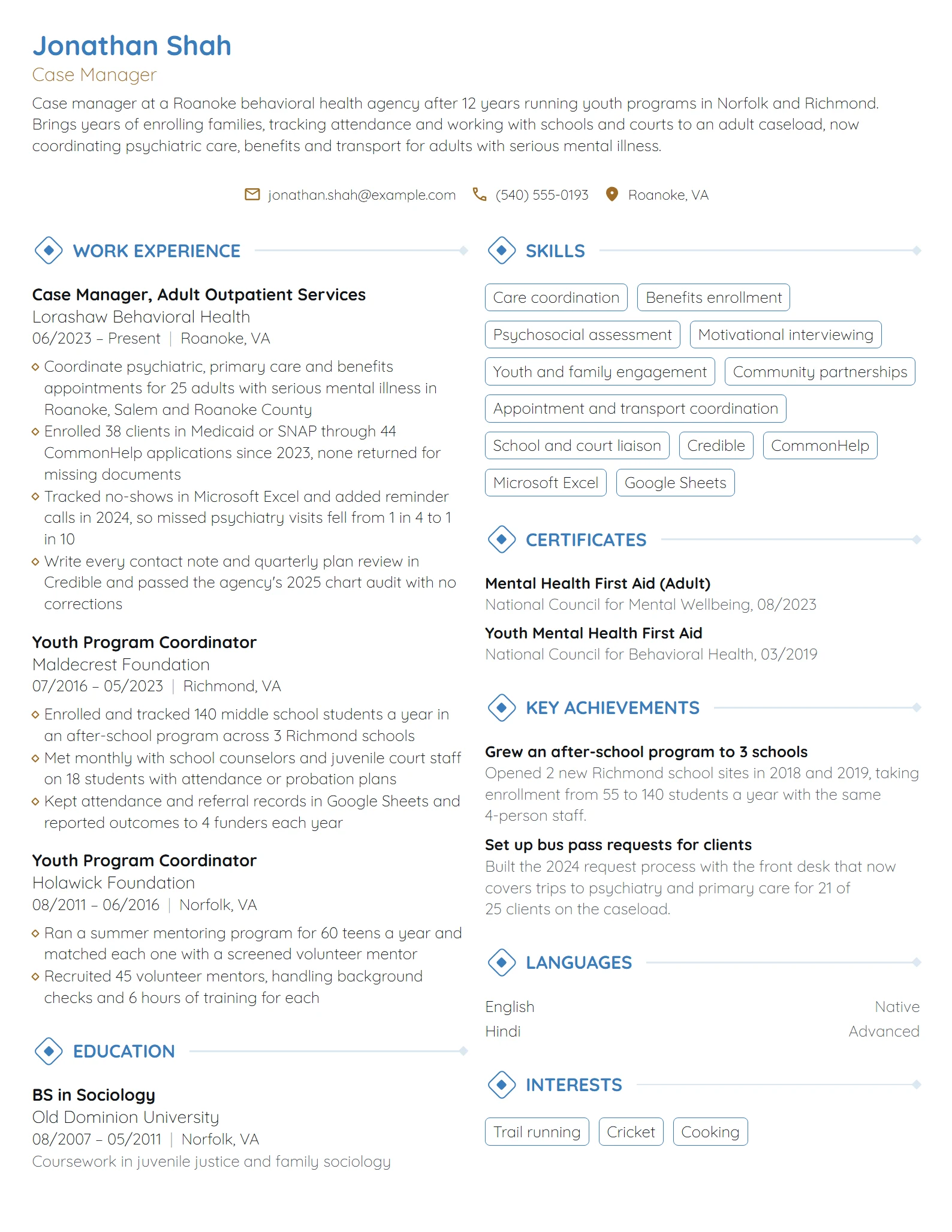Career Change Case Manager resume example