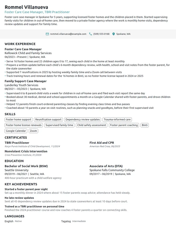 Foster Care Case Manager resume example